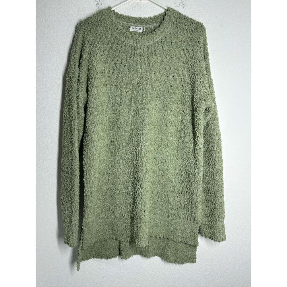 Tobrief Crewneck Booklined Loose Knit Fringe Sweater Olive Green Size L